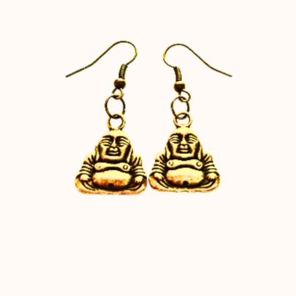 BUDDHA CHARM EARRINGS (SILVER OR GOLDTONE) - Picture 1 of 4